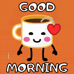 a cartoon illustration of a cup of coffee with arms and legs and the words good morning written below it