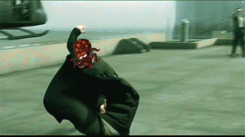 a man with a red octopus on his head in a video game scene