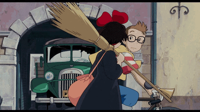a cartoon of a boy riding a bike and a girl with a broom