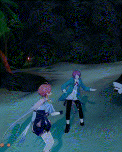 a couple of anime characters are dancing on a beach .