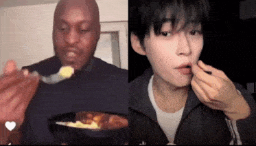 a man is eating food with a spoon and a boy is eating food with a spoon .