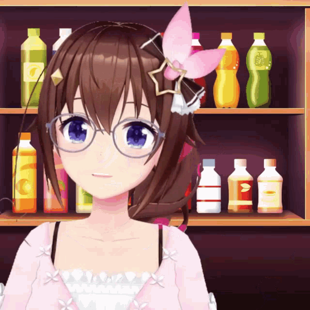 a girl wearing glasses stands in front of a shelf full of bottles of soda