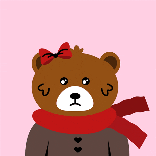 a teddy bear wearing a scarf and a bow says " missing you " on a pink background