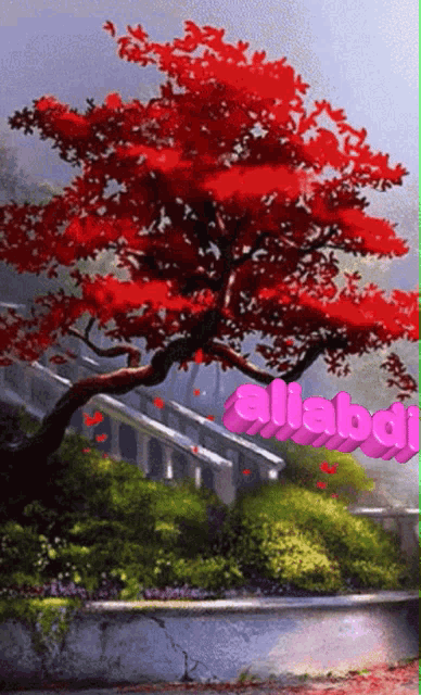 a painting of a tree with red leaves and the word aliabadi in pink