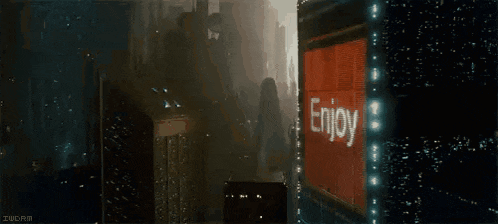 a sign that says enjoy on it in a futuristic city