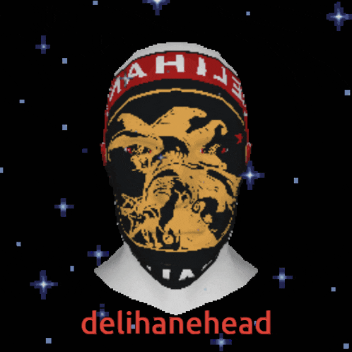 a pixelated image of a head with the words delihanehead written in red