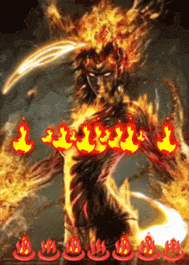 a painting of a demon with flames coming out of his body