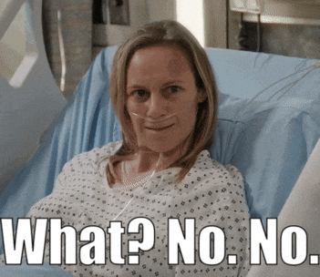 a woman is laying in a hospital bed with the words what no.no. written below her