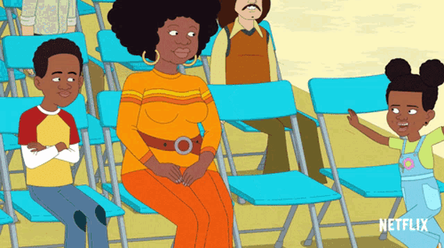 a cartoon of people sitting in blue folding chairs with netflix written on the bottom right