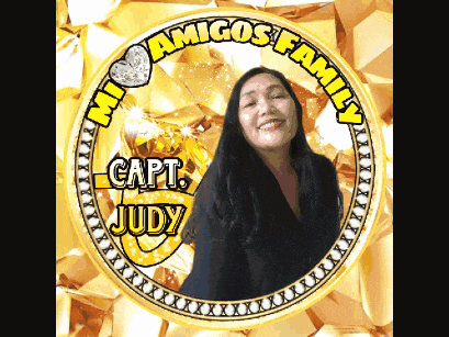 a picture of a woman in a gold circle that says amigos family capt judy