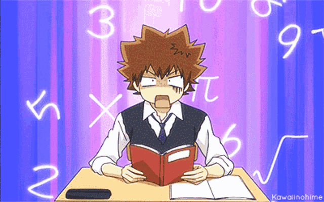a boy is reading a book surrounded by numbers and the word kawaii in the corner