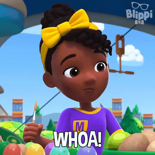 a girl in a purple shirt with the letter m on it is holding an easter egg and saying whoa