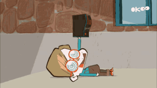 a cartoon character is laying on the ground with a mailbox on his head and a sign that says okoo