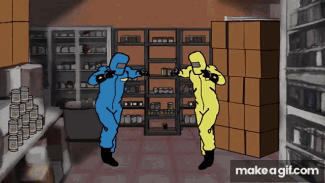 a cartoon of a man in a blue suit and a man in a yellow suit dancing