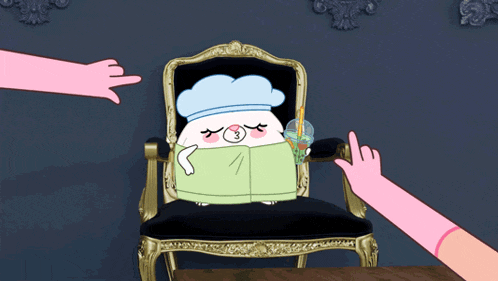 a cartoon character sitting in a chair with a chef hat on