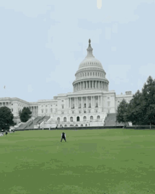 a man stands in front of a large white building