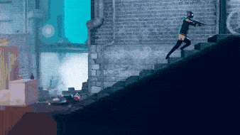 a pixel art of a person running up stairs