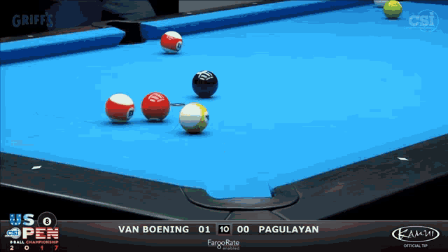 pool balls on a table with a scoreboard that says van boening