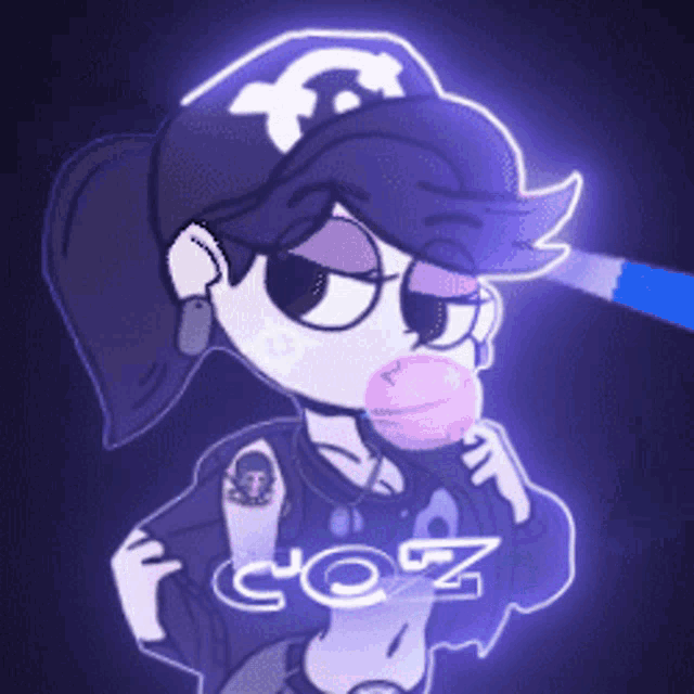 a cartoon of a girl blowing a bubble with the letter z on her sleeve