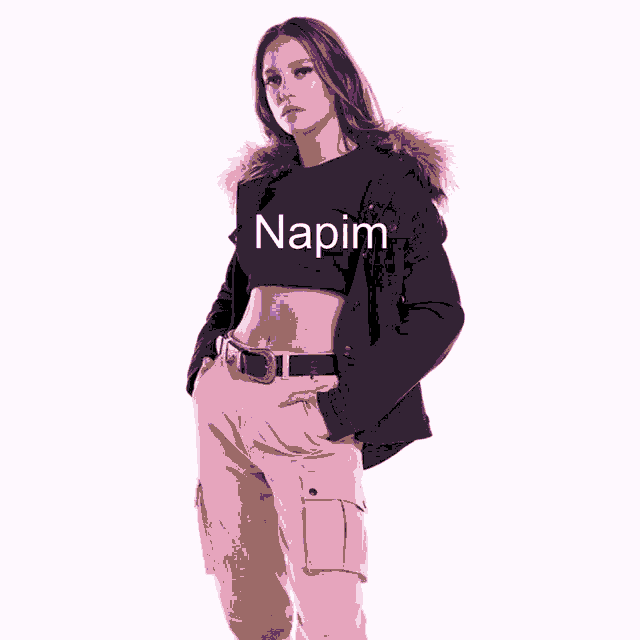 a woman wearing a crop top that says napim on the front