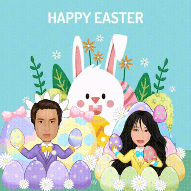 a cartoon of a man and a woman holding easter eggs with the words happy easter below them