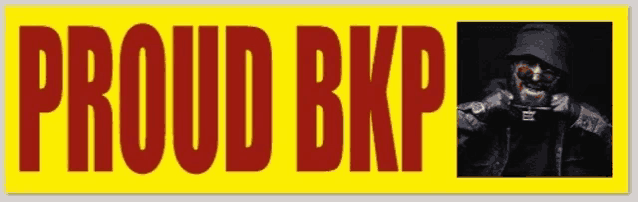 a yellow sign that says proud bkp with a picture of a man in a mask