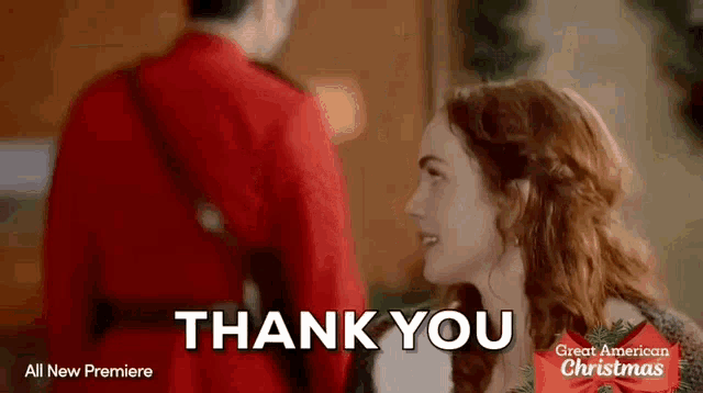 a woman is talking to a man in a red uniform and the words thank you are visible in the background .