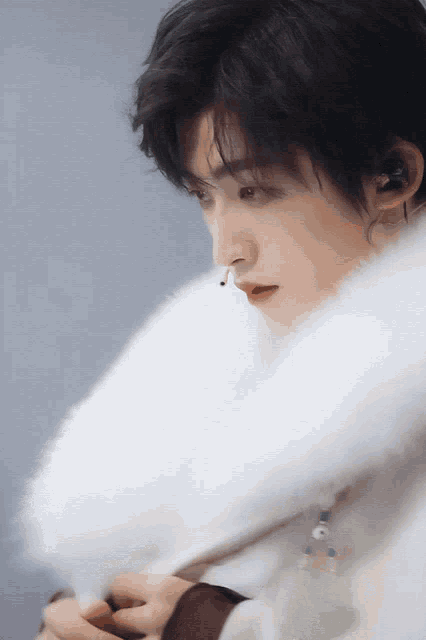 a close up of a person with a white fur collar