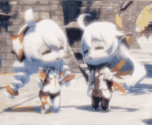 two cartoon characters are standing next to each other in front of a brick building .