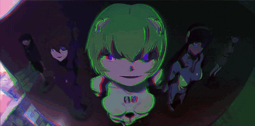 a group of anime characters are standing next to each other in a dark room . one of the characters is a girl with green hair .