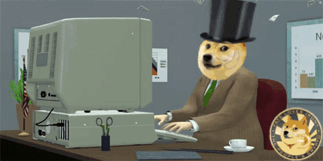 a doge wearing a top hat is sitting at a desk in front of a computer