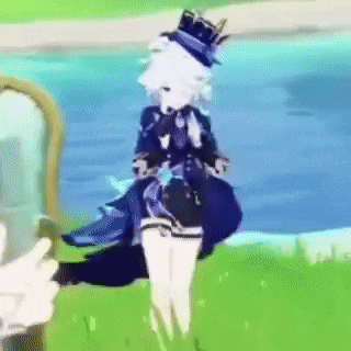 a cartoon character wearing a top hat and a dress is standing in the grass .