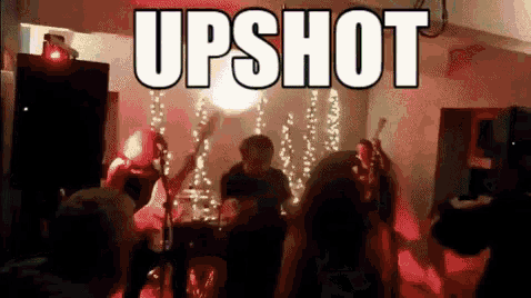 a group of people are playing instruments in a room with the word upshot above them