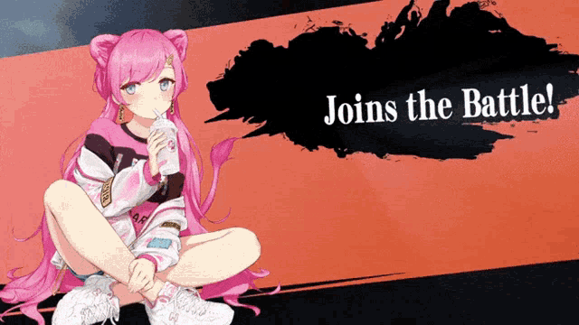 a girl with pink hair sits in front of a sign that says join the battle