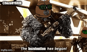 a cartoon of a bear holding a gun with the words the bozolution has begun below him