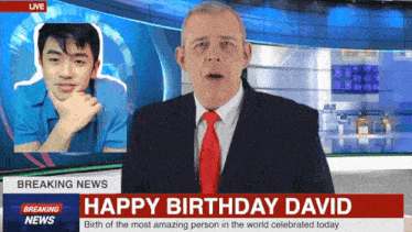 a man in a suit and red tie is giving a breaking news report
