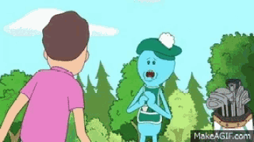 a cartoon of a man standing next to a cartoon character with a golf bag .