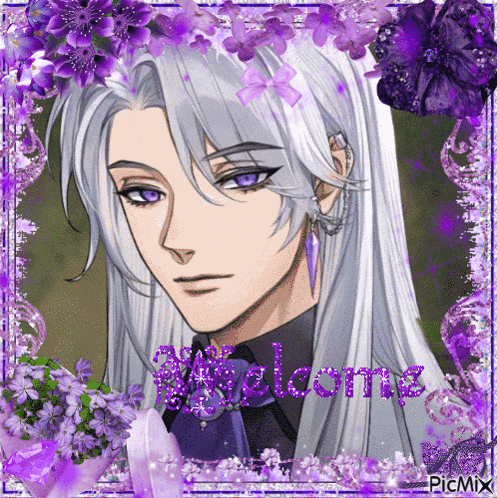 a picture of a man with long white hair and purple eyes is surrounded by purple flowers and the words welcome