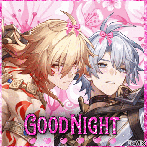 a picture of two anime characters with the words good night written in pink