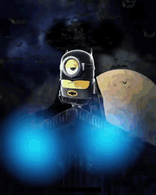 a picture of a minion dressed as batman with a blue background