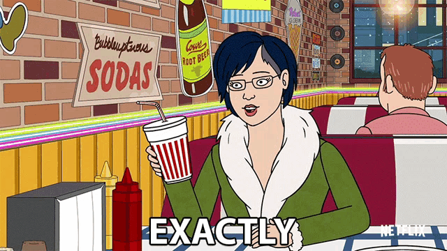 a cartoon of a woman holding a drink that says exactly in the corner