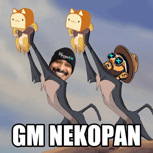 gm nekopan is written on a poster with a man holding a cat