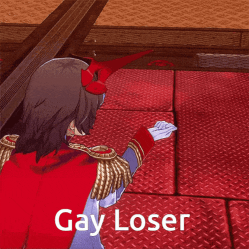 a video game character with the words gay loser on the bottom right