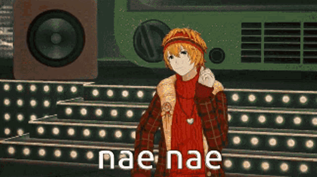 a man in a red plaid jacket is dancing in front of speakers and the words nae nae