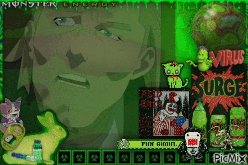 a monster energy ad with a rabbit and a clown on it