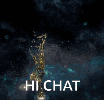 a video game character is holding a sword and the words hi chat are below him