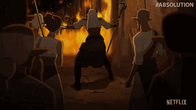 an ad for netflix shows a woman standing in front of a burning building