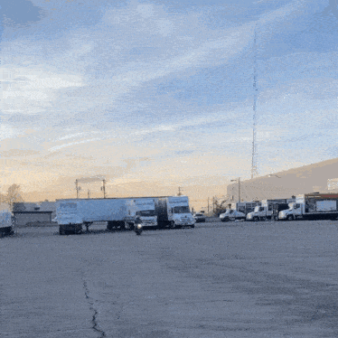 a row of trucks are parked in a parking lot and one of them has the word pallets on it