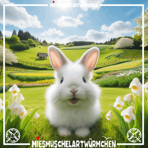 a picture of a white rabbit in a field with the words miesmuschelartwurmchen above it