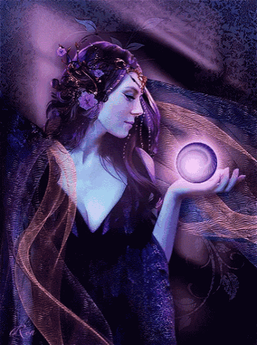 a woman with purple hair is holding a purple ball